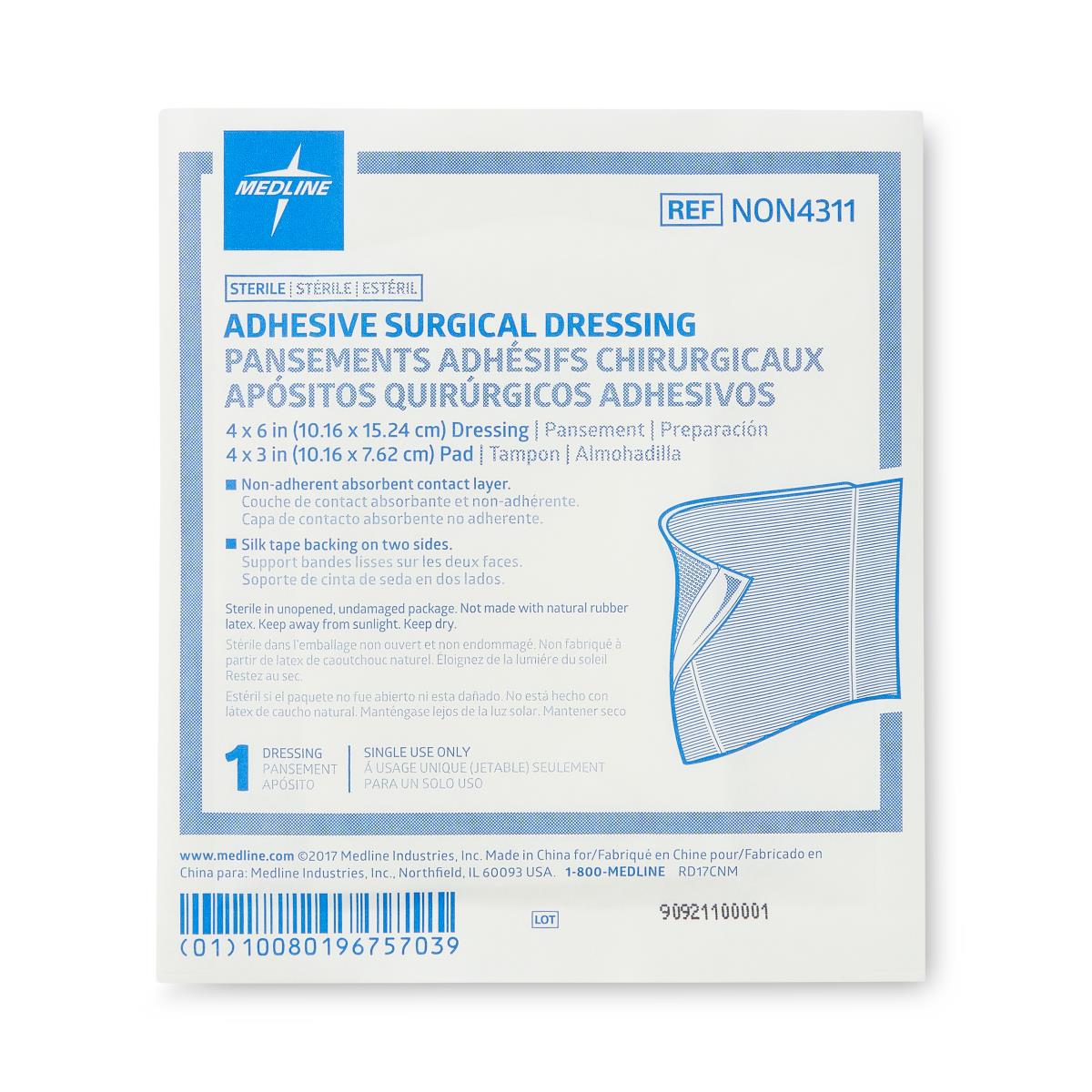 Adhesive surgical dressing in sealed sterile packaging with blue and white label and illustrated product diagram