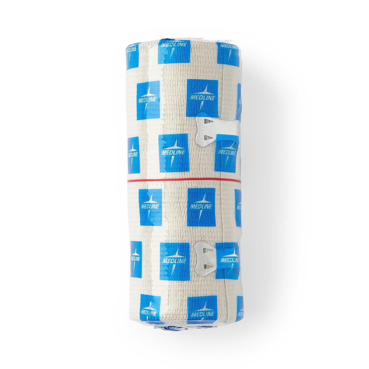 Elastic bandage roll with blue Medline branding, metal fastener clips, and a red stretch indicator line, on white background