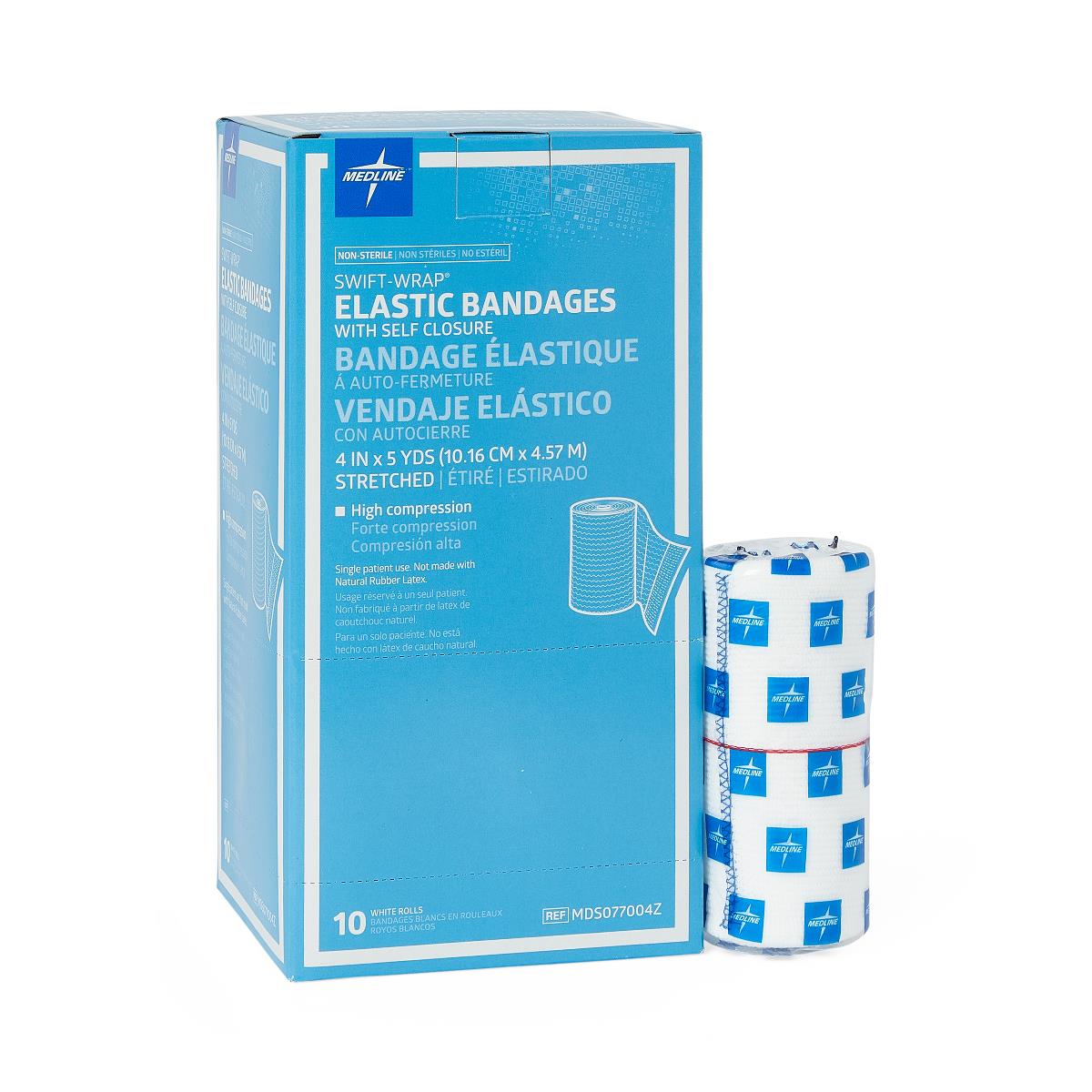Elastic bandage box of 10 rolls beside a single white rolled bandage with blue logo pattern, self-closure style