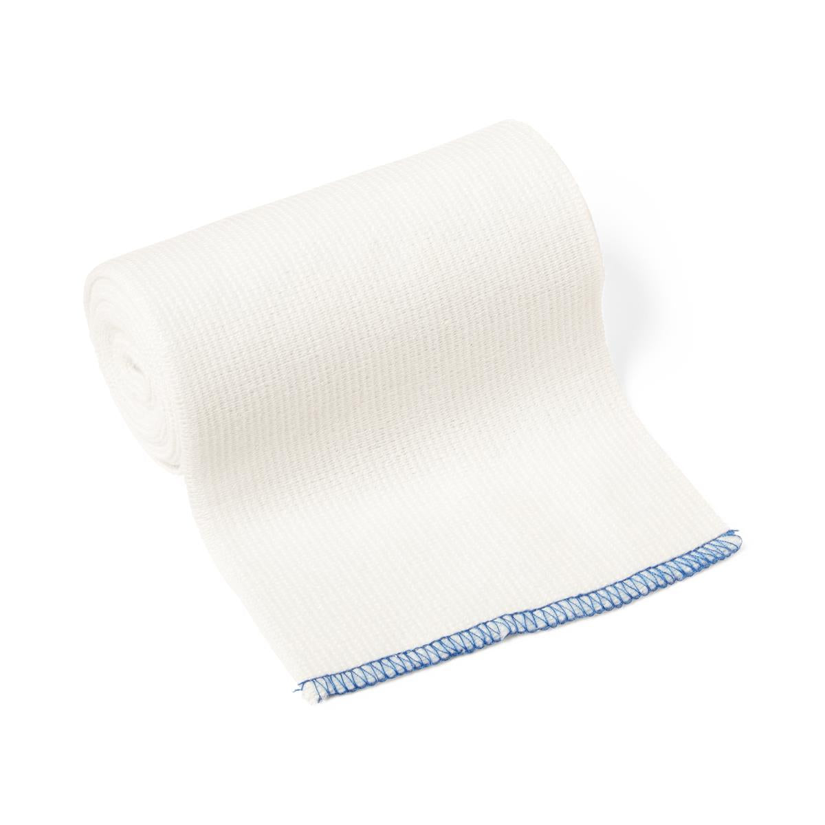 Elastic bandage roll in white with blue overlock stitching along the edge, partially unrolled on white background