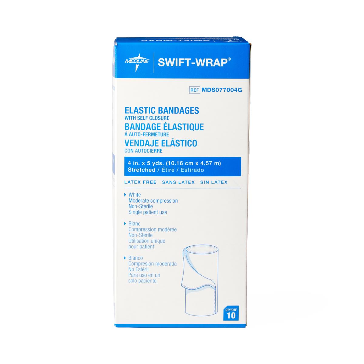 Medline Swift-Wrap elastic bandages box, white and blue packaging, 4 in x 5 yds, qty 10, latex free