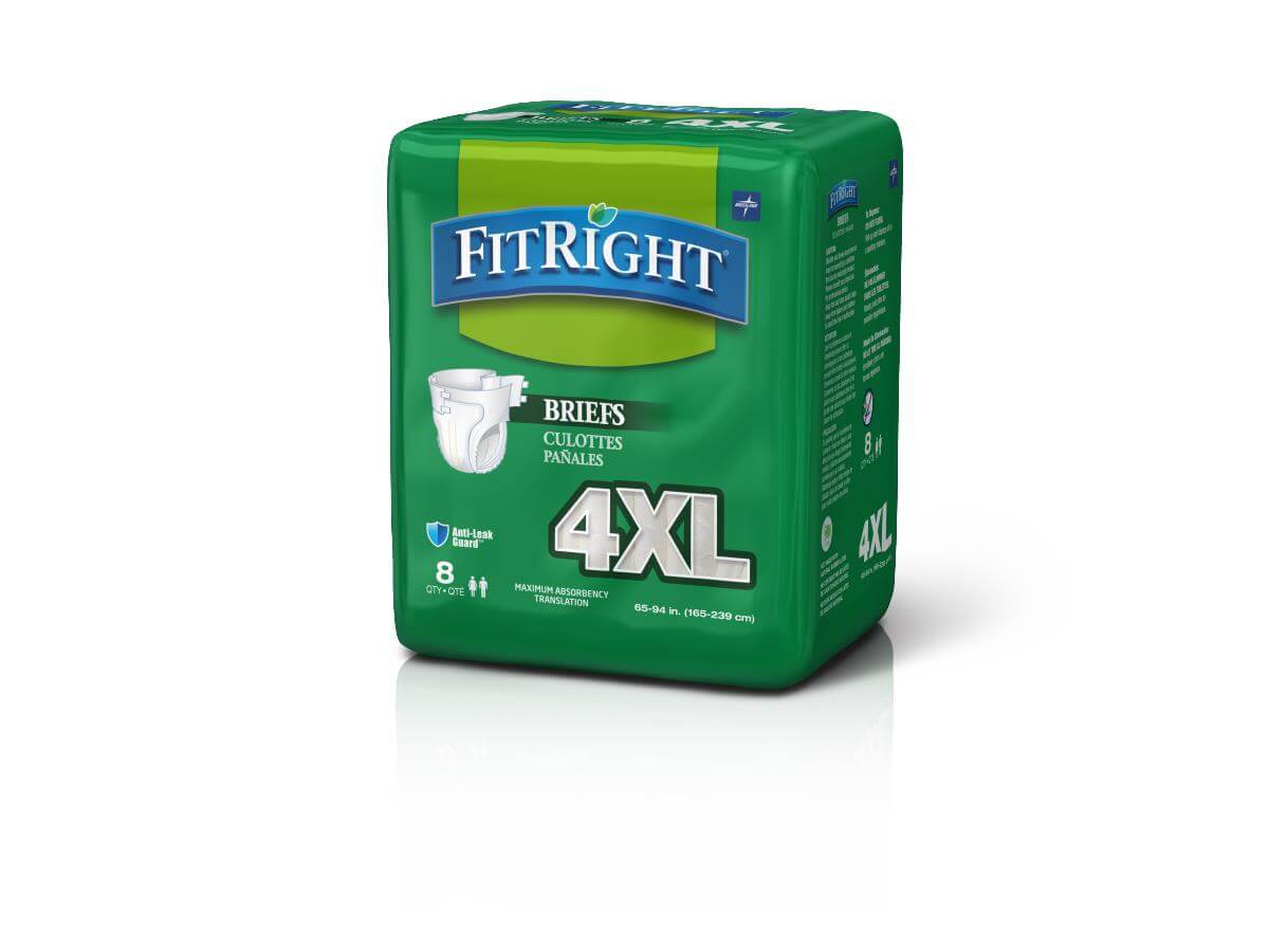 FitRight bariatric adult incontinence briefs 4XL, green packaged bag containing 8 count