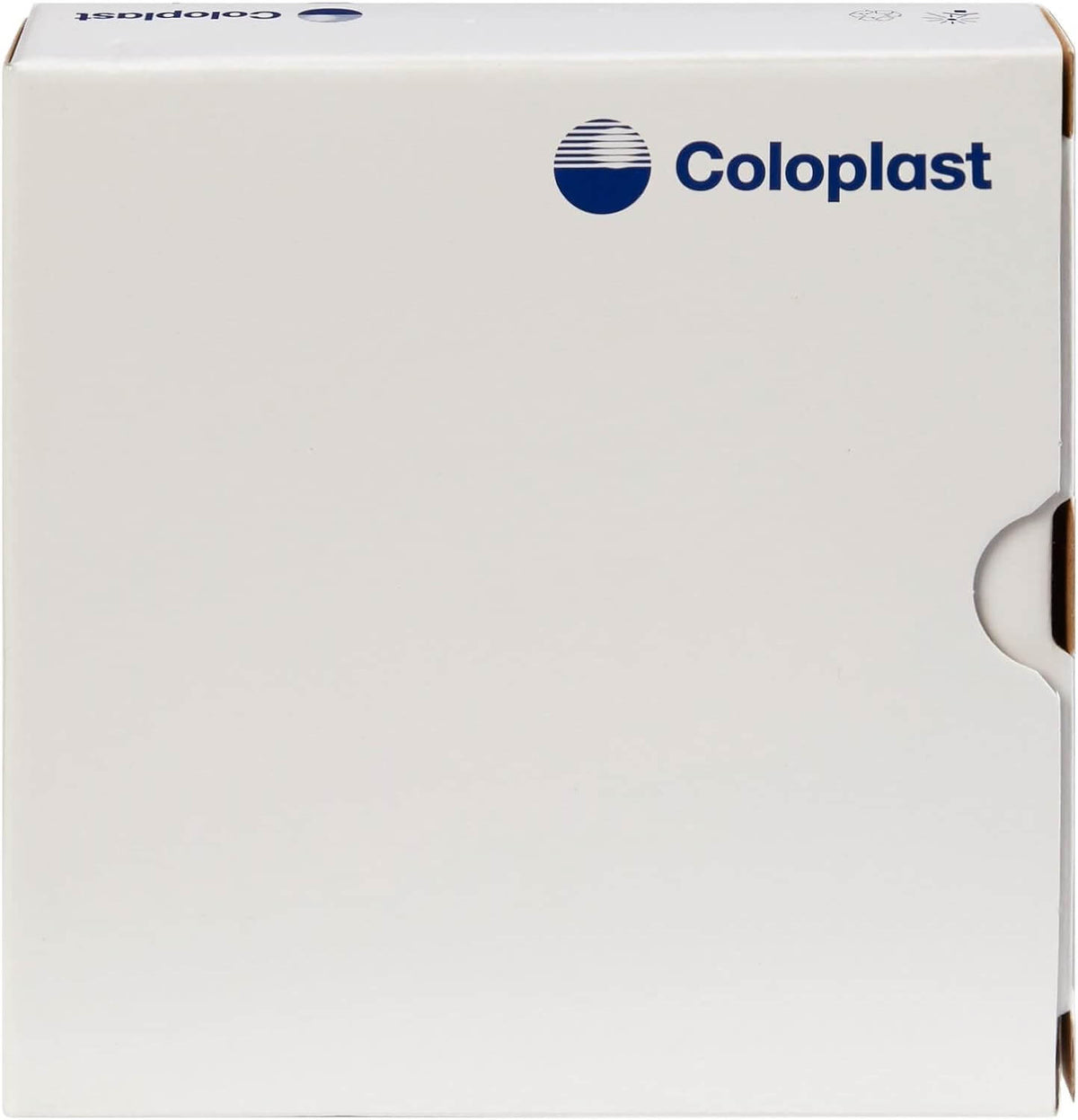 Coloplast ostomy baseplate box, white cardboard packaging with blue Coloplast logo on front panel