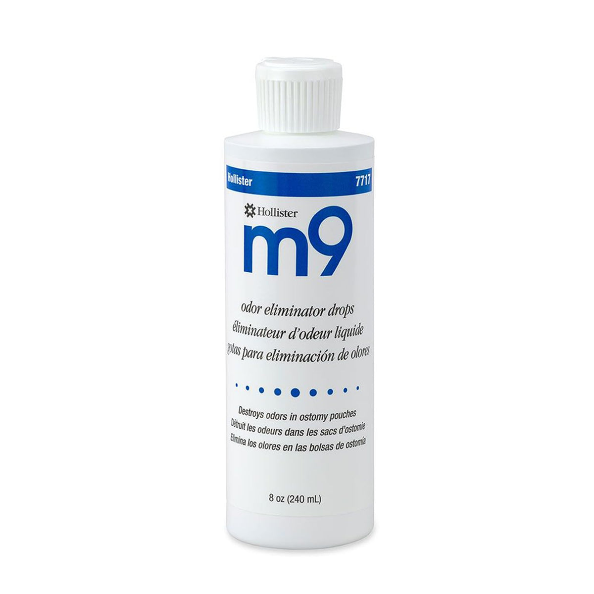 Hollister M9 odor eliminator drops in an 8 oz white bottle with blue label and white screw cap