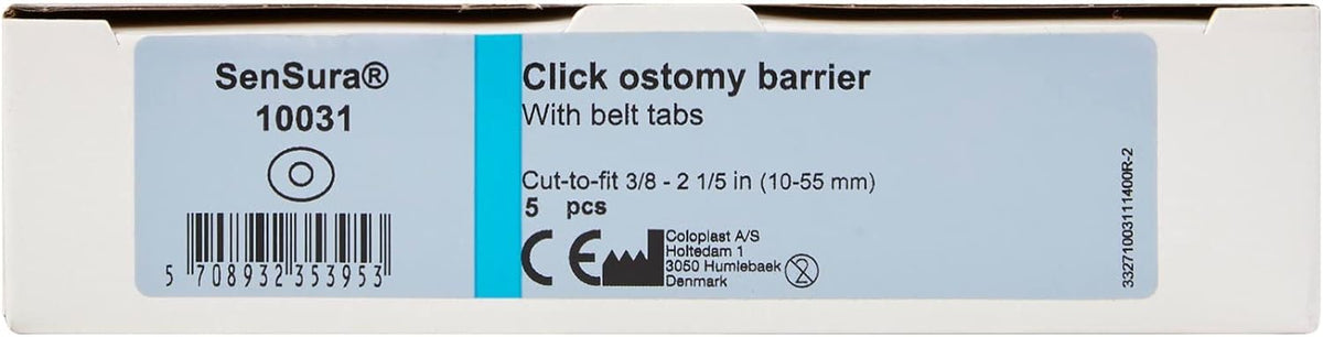 Ostomy barrier box labeled SenSura Click with belt tabs, cut-to-fit 3/8–2 1/5 in, 5-piece count, item 10031