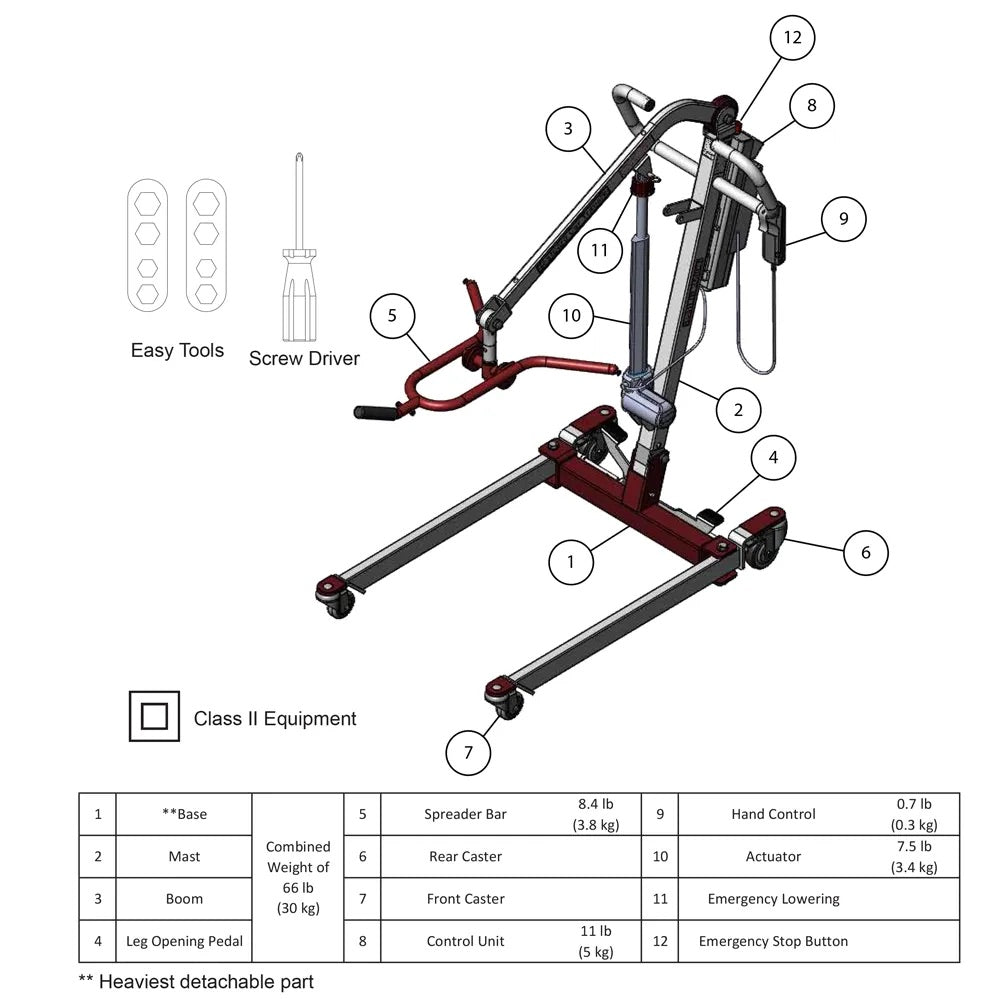 Car transfer mobile floor lift parts diagram with numbered components including base, mast, boom, casters, and hand control