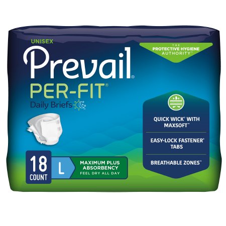 Prevail Per-Fit unisex adult briefs, size large, 18-count package with maximum plus absorbency