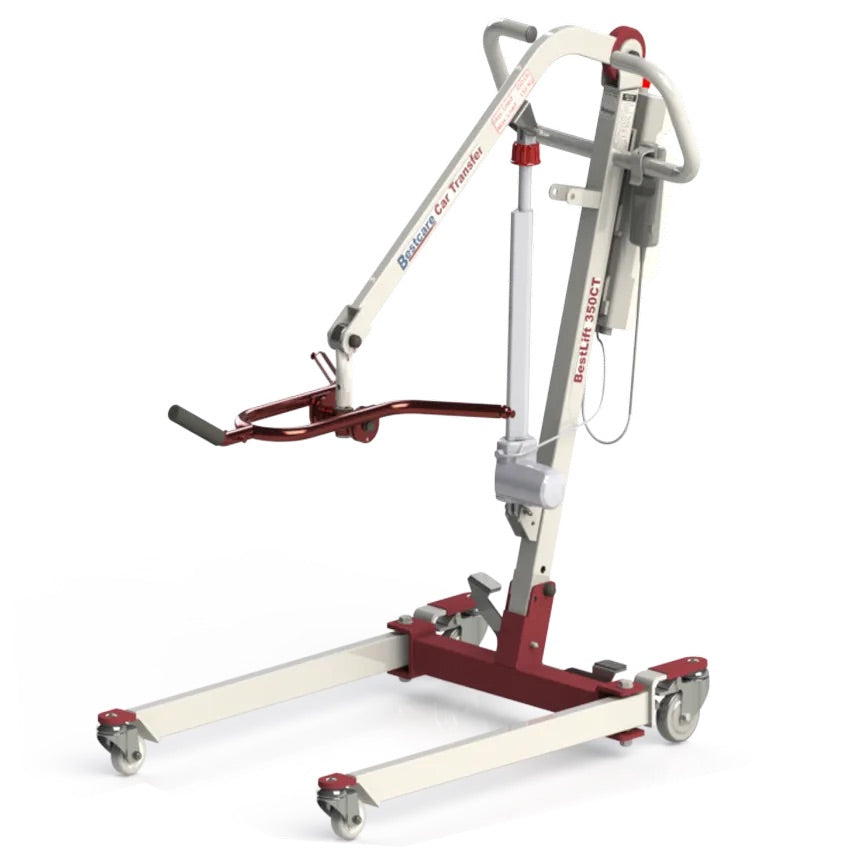 Car transfer mobile floor lift with white and red frame, extendable base legs, swivel casters, boom arm, and electric
