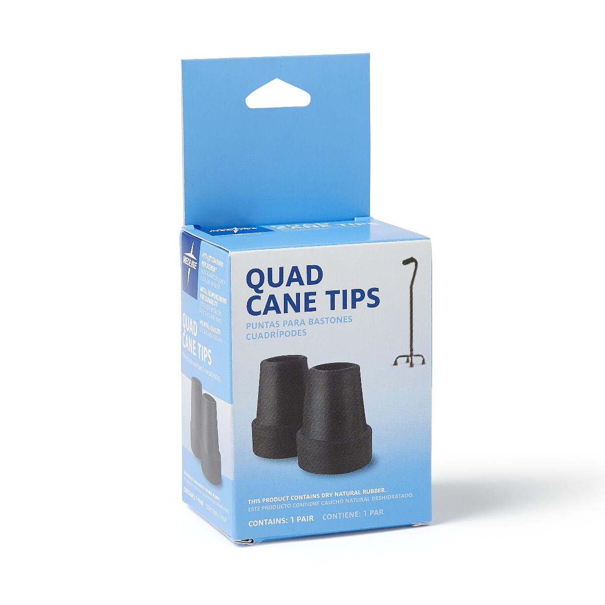 Quad cane tips in light blue retail box showing one pair of black rubber replacement tips, with quad cane illustration on