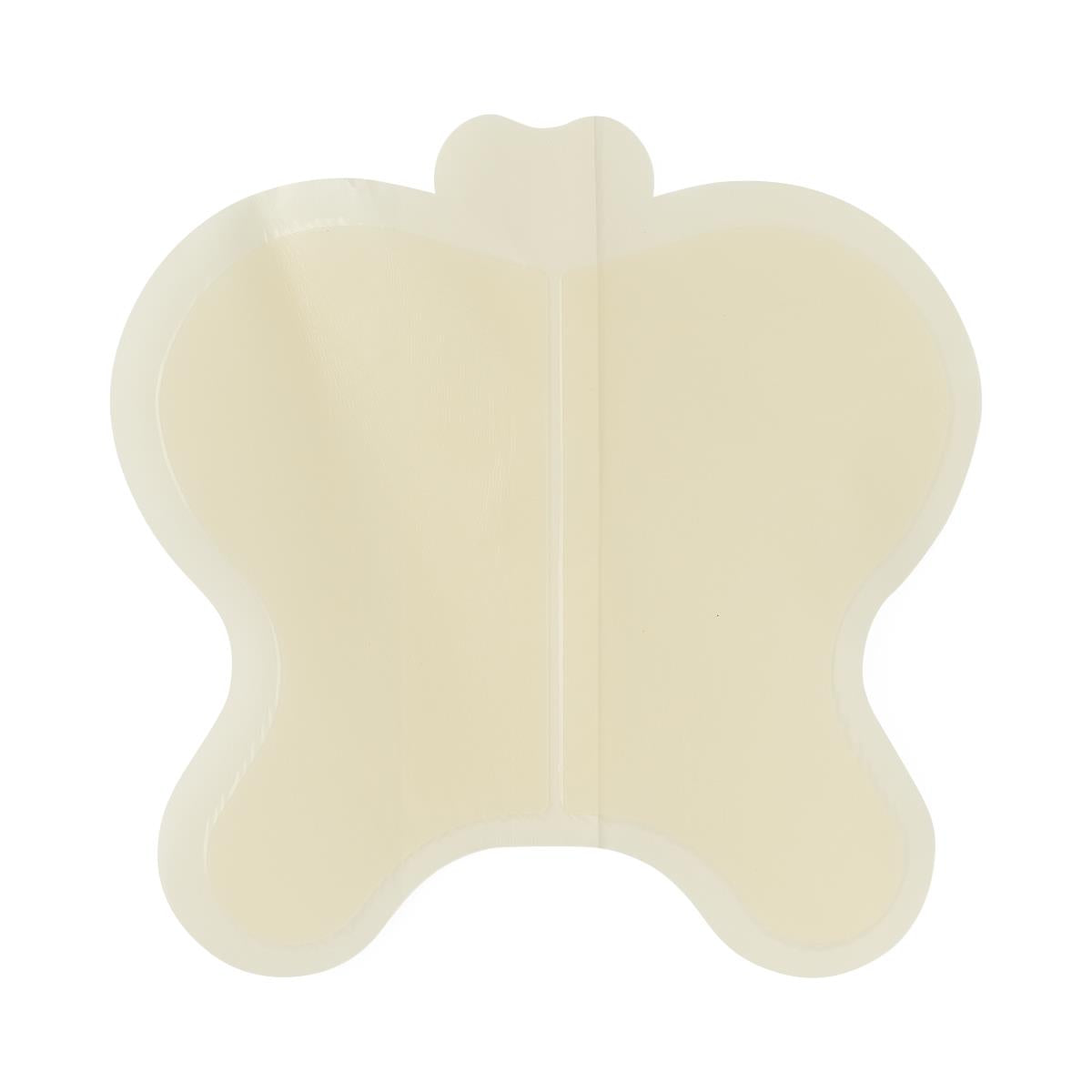 Hydrocolloid wound dressing in butterfly shape with center split liner, cream-colored, shown on white background