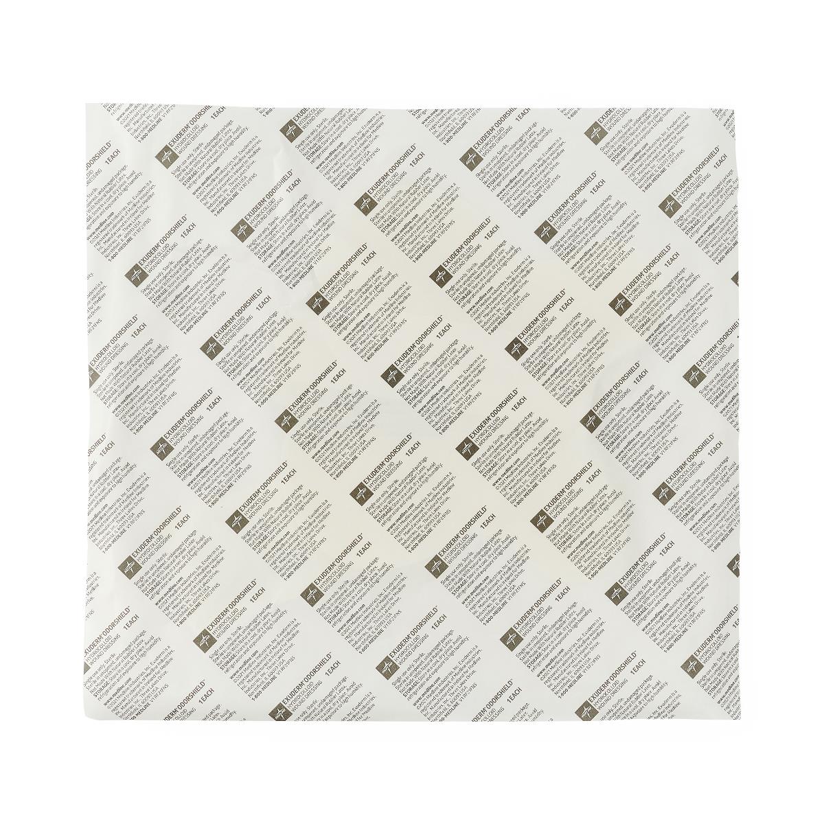 Exuderm OdorShield wound dressing shown flat, white square with repeating printed label text pattern on backing paper
