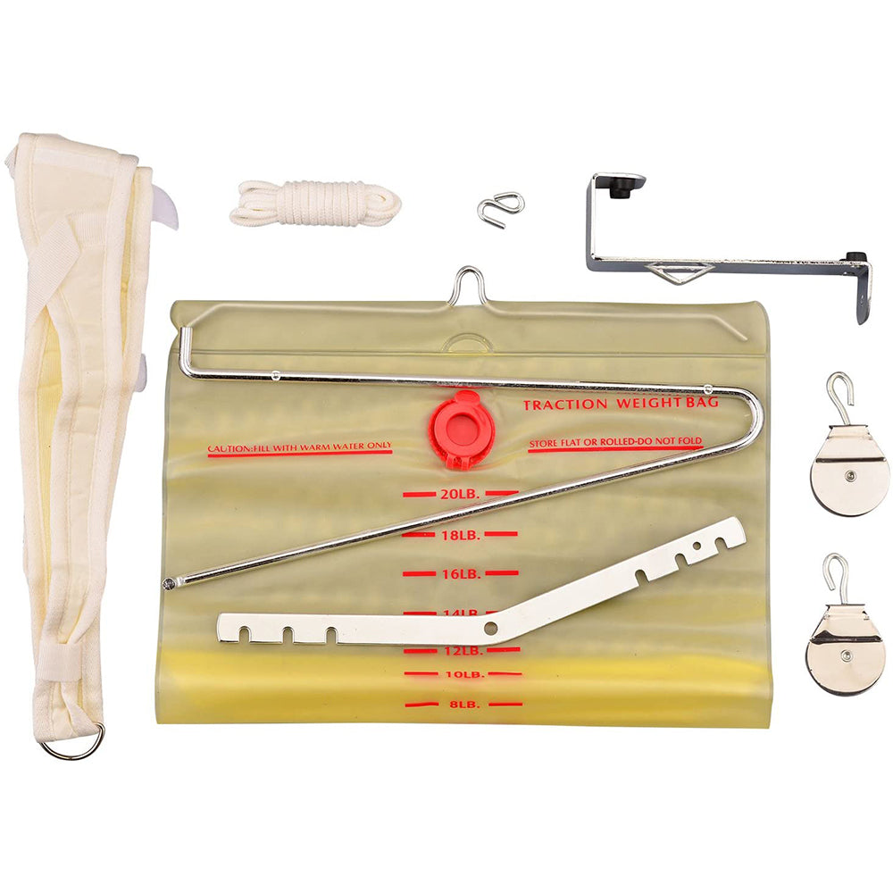 Overdoor traction set with water weight bag, head halter, pulleys, rope, door bracket, and hardware laid flat on white