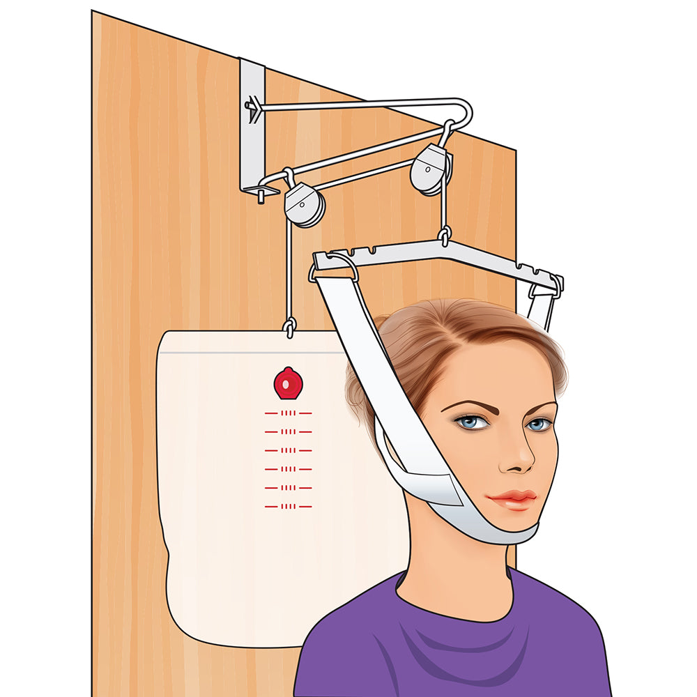 Overdoor cervical traction set with pulley system, chin sling, and water weight bag shown in use on a woman, illustrated