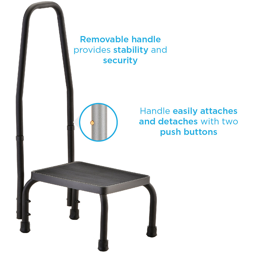 Footstool with non-skid rubber platform and removable curved handrail, shown with push-button attachment detail callout