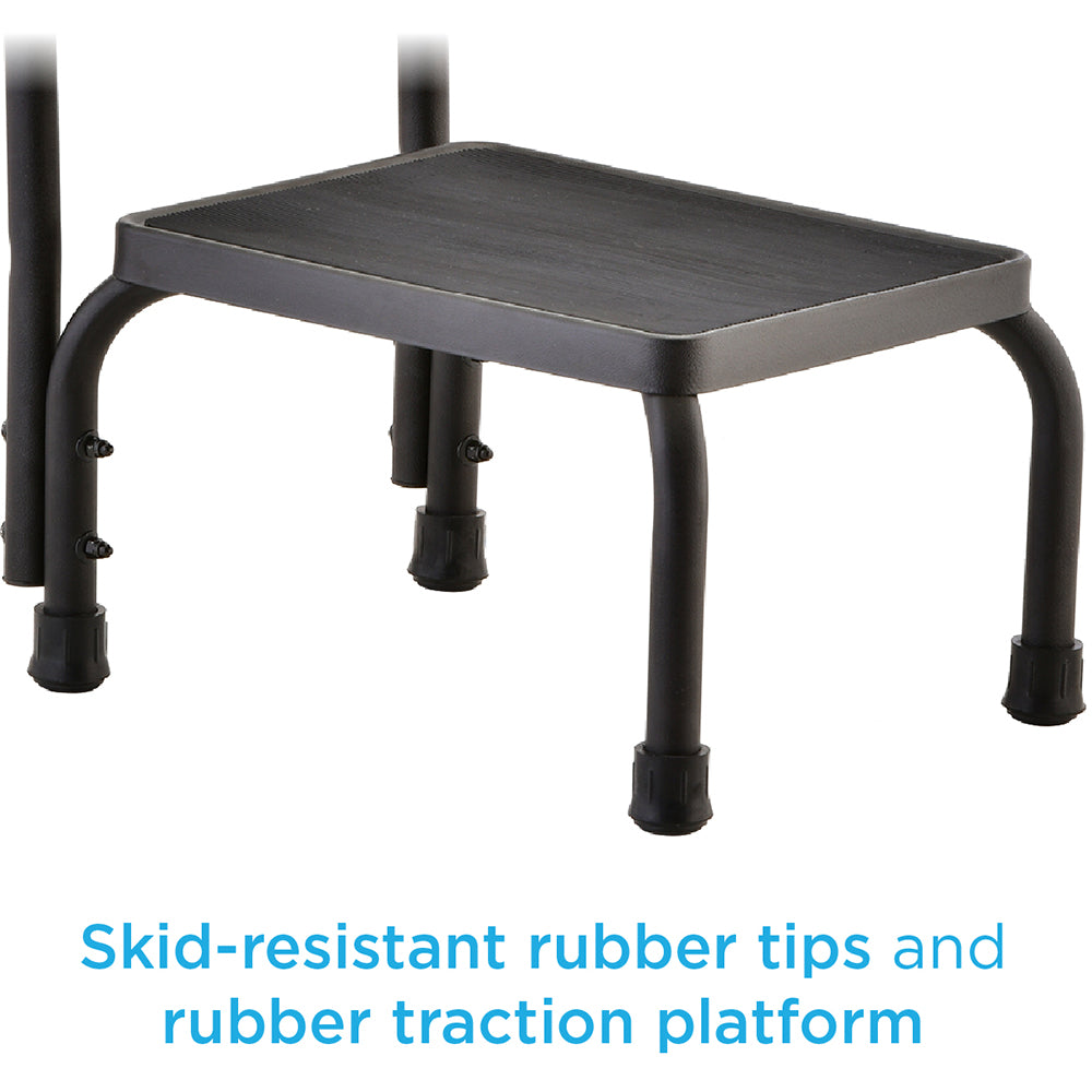 Footstool with black metal frame, rubber traction platform surface, and skid-resistant rubber tips on four legs