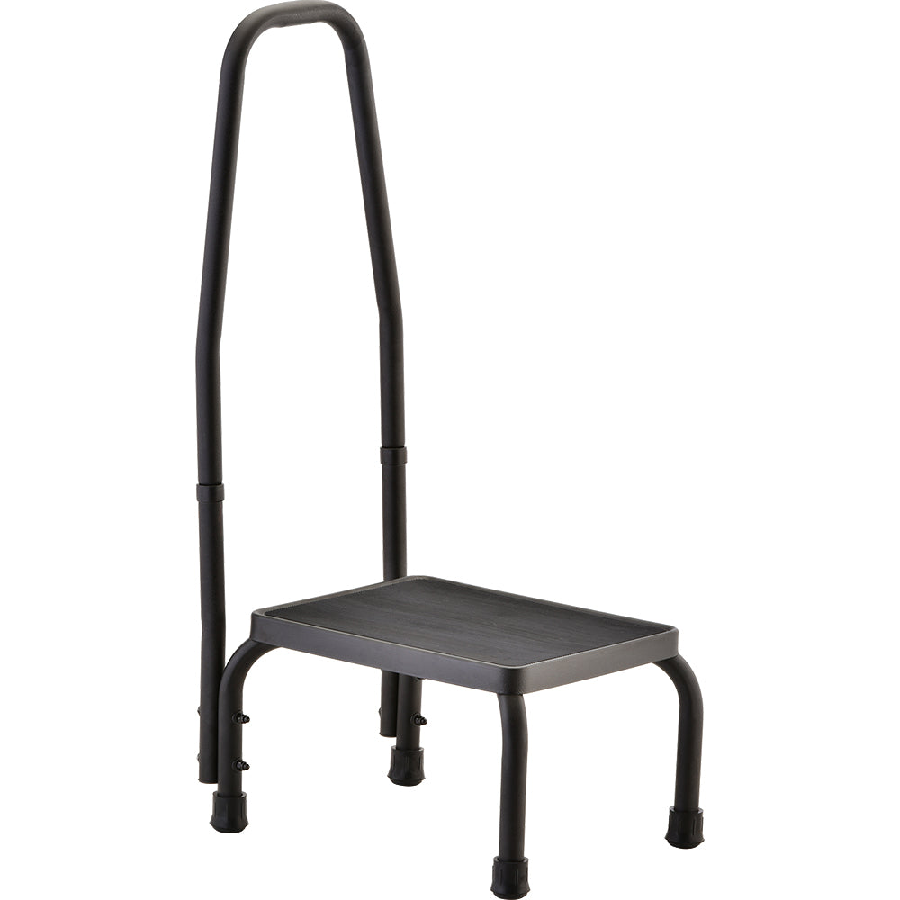 Footstool with tall curved handrail, non-skid rubber platform, black metal frame, and rubber-tipped legs