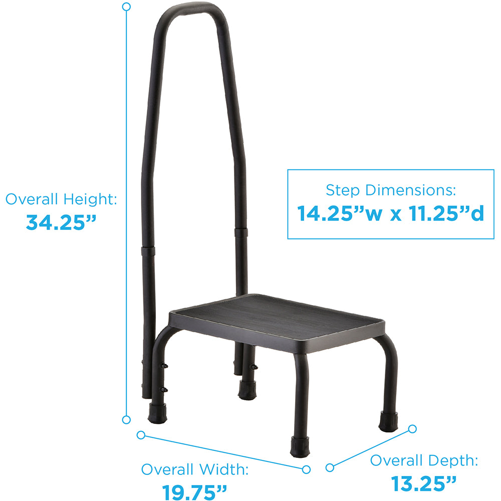 Footstool with tall safety handrail, black metal frame, non-skid platform surface, and rubber-tipped legs, shown with