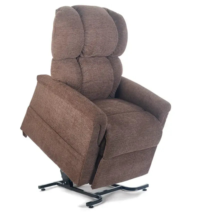 Lift chair recliner in brown chenille fabric with tufted back cushions, extended footrest, and metal base shown on white