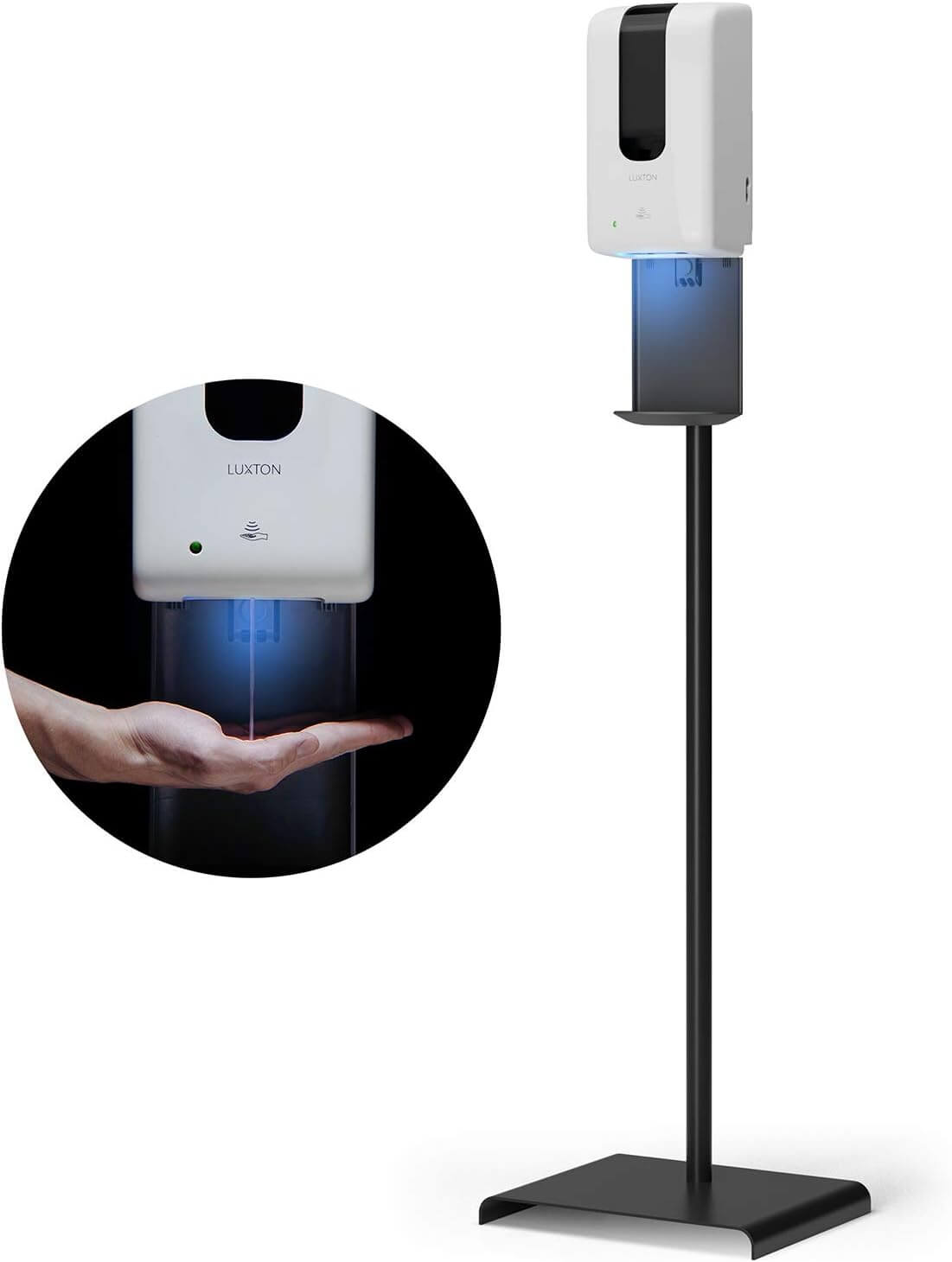 Freestanding automatic hand sanitizer dispenser on a black metal pole and base, with a close-up inset showing a hand beneath