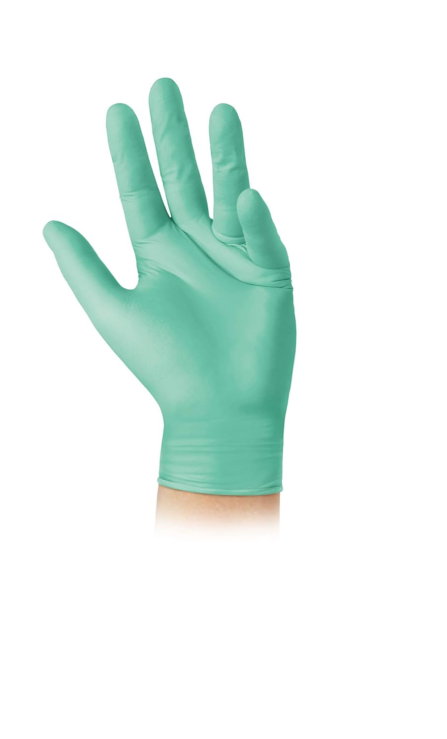 Disposable nitrile exam glove in teal green worn on a hand, shown against a white background