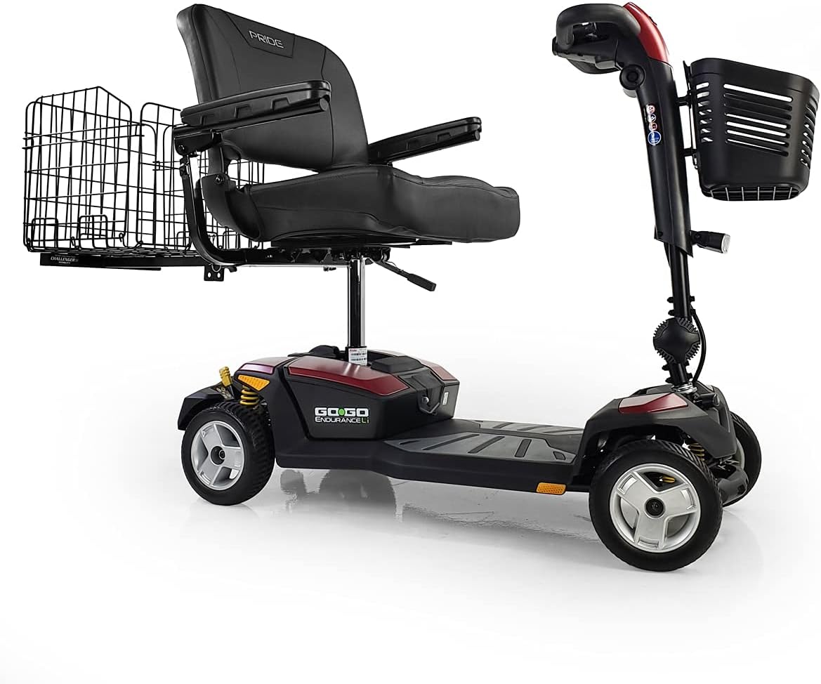 4-wheel electric mobility scooter in black and red with front and rear baskets, padded swivel seat, and tiller controls