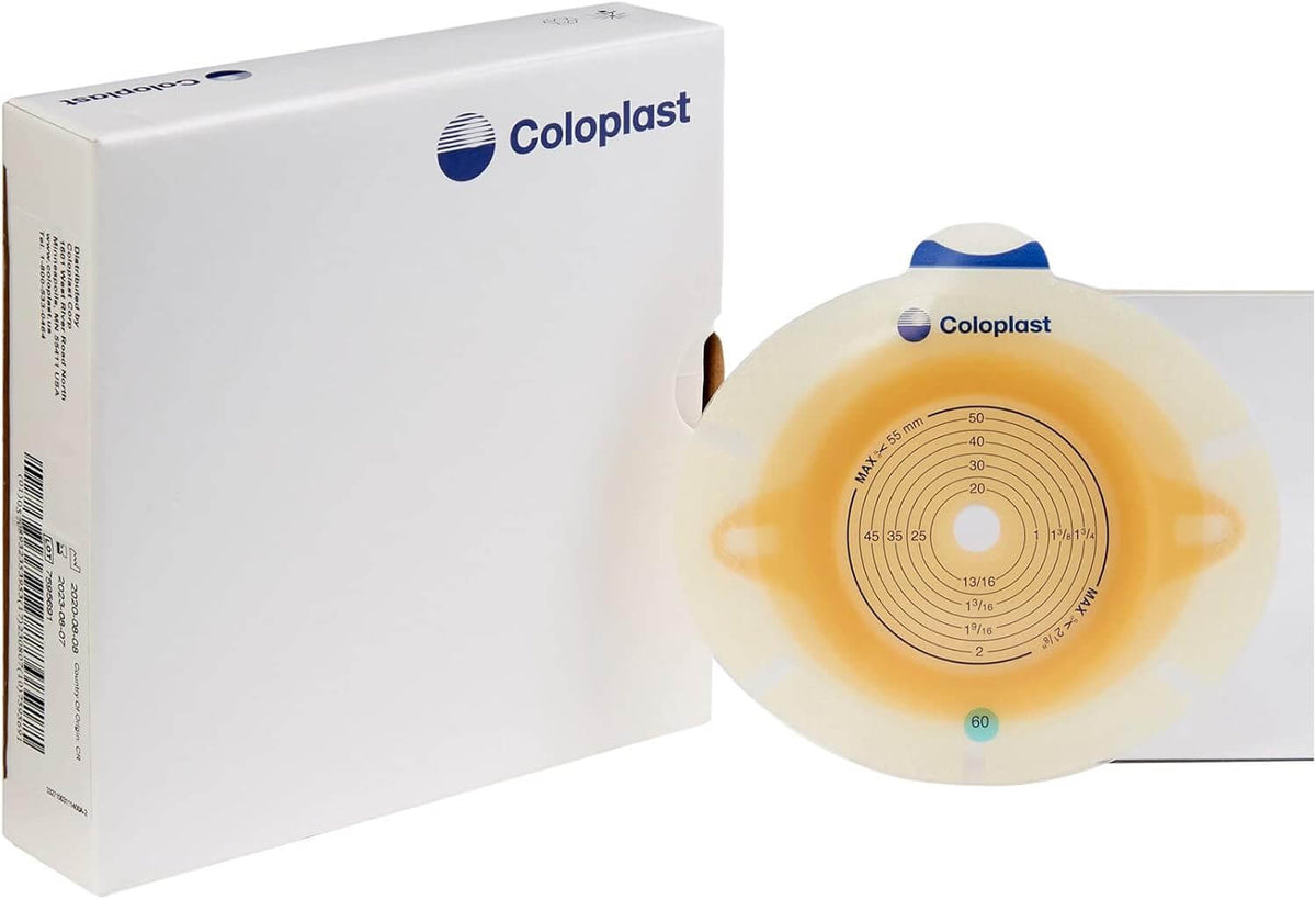Coloplast ostomy baseplate with concentric cutting guide markings shown beside its white product box