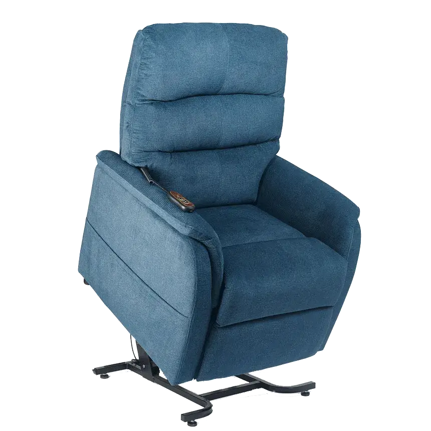 Lift chair recliner in blue fabric with tufted back, padded armrests, wired remote on armrest, and metal base frame