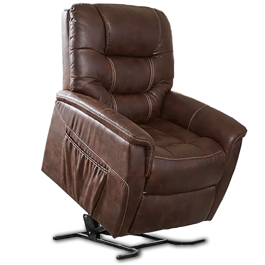 Power lift chair in brown faux leather with tufted back, padded armrests, and visible lift mechanism base in upright position