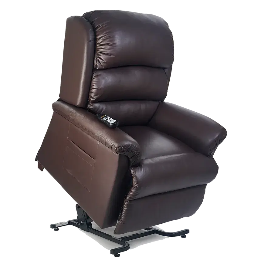 Lift chair recliner in dark brown leather upholstery with pillow-back cushioning, wired remote, and metal lift base