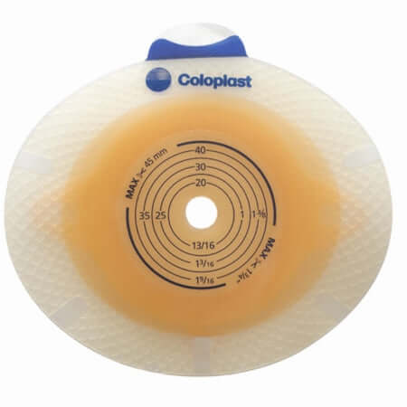 Coloplast SenSura ostomy skin barrier wafer with pre-cut center opening, concentric sizing rings, and blue coupling ring on