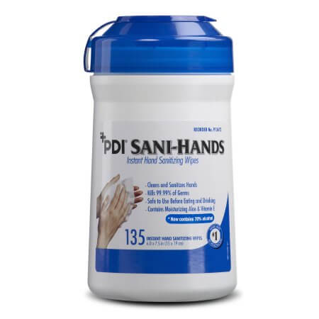 Hand sanitizing wipes canister with blue flip-top lid, labeled PDI Sani-Hands Instant Hand Sanitizing Wipes, 135 count