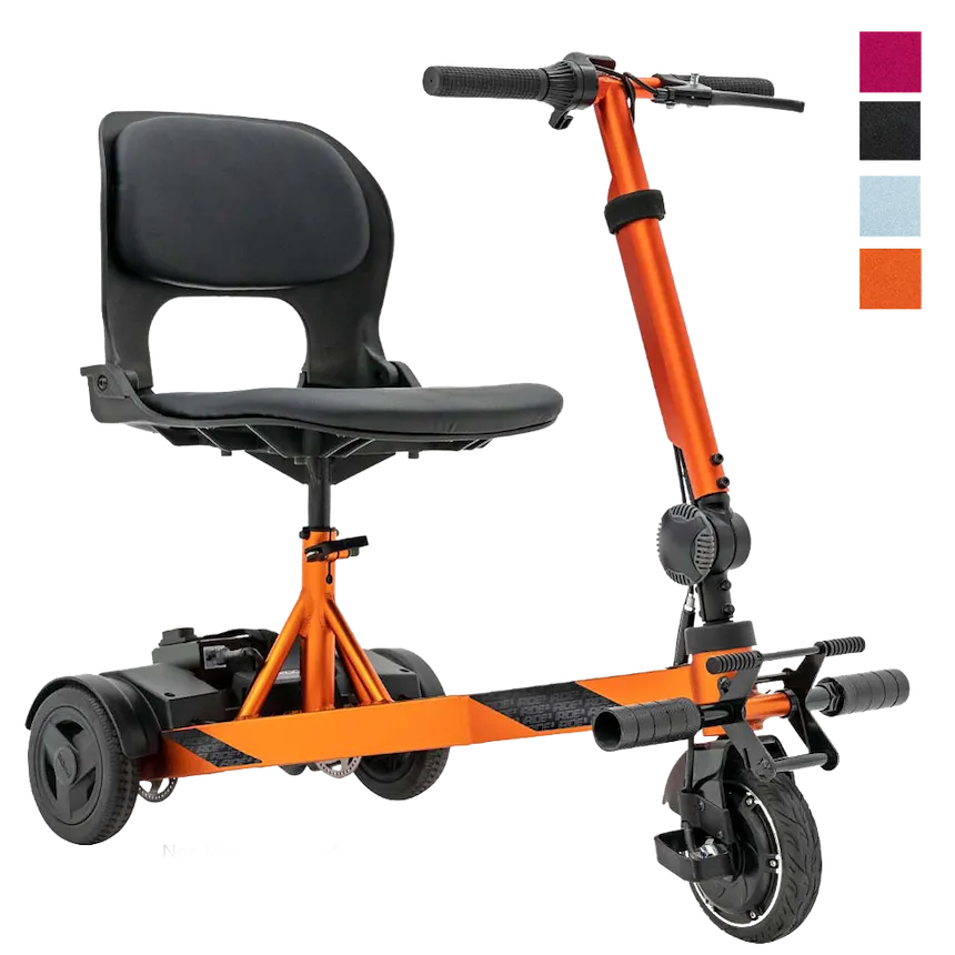 Folding mobility scooter in orange with black seat, backrest, tiller handlebars, and three wheels, shown with four color