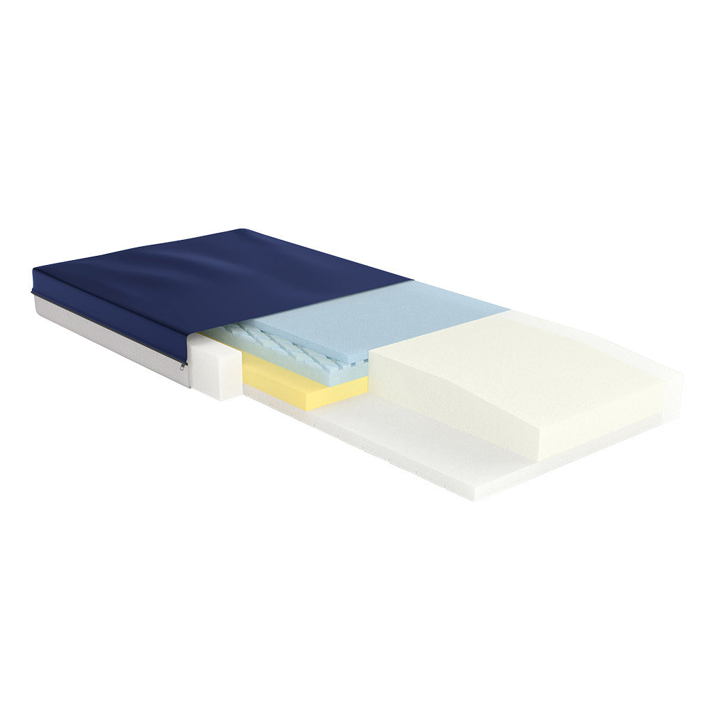 Foam mattress with navy cover pulled back to reveal multiple layers including blue, yellow, and white foam construction