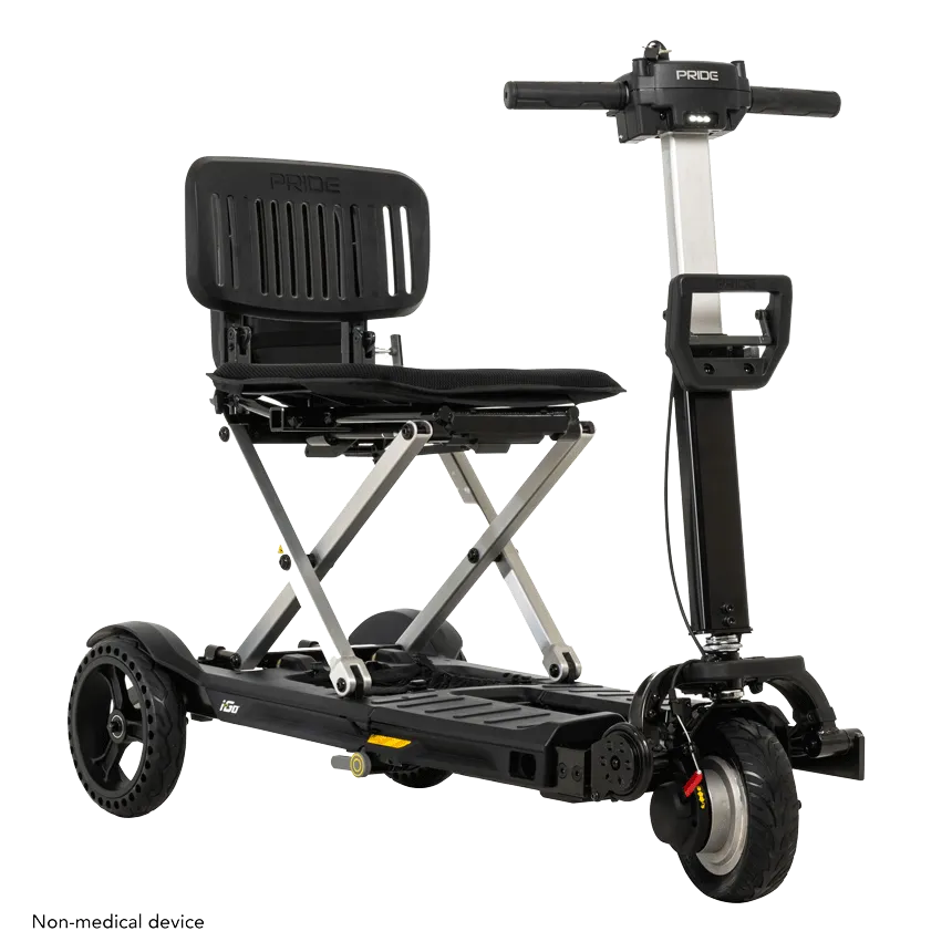 Folding mobility scooter with black seat, slatted backrest, tiller controls, and three wheels on white background