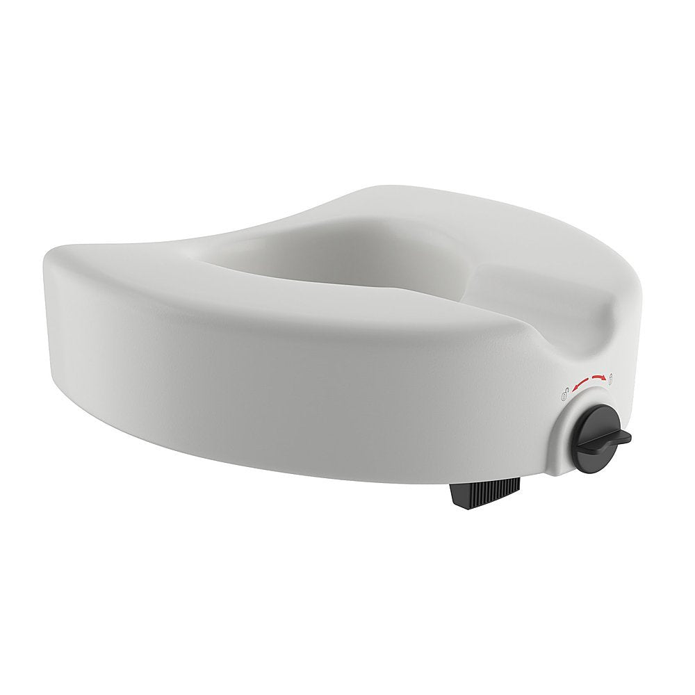 Locking raised toilet seat without arms, white plastic with black side locking knob, viewed from a front angle