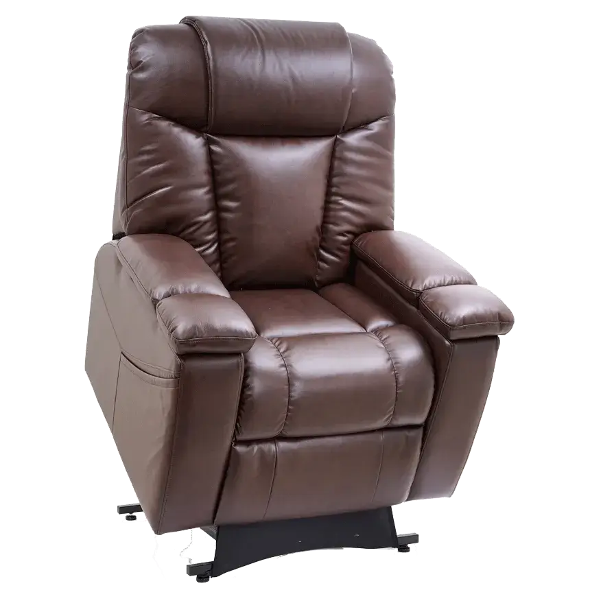 Lift chair recliner in dark brown faux leather upholstery with padded seat, armrests, and high back, shown on white