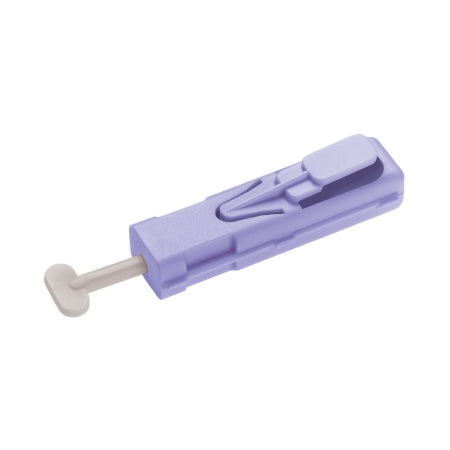 Safety lancet with purple plastic body and exposed needle tip, shown on white background
