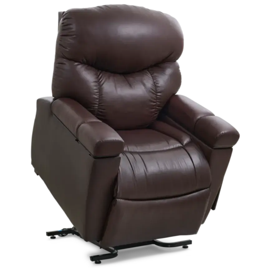 Power lift recliner in dark brown leather upholstery with pillow-top back cushions, padded armrests, and metal base frame