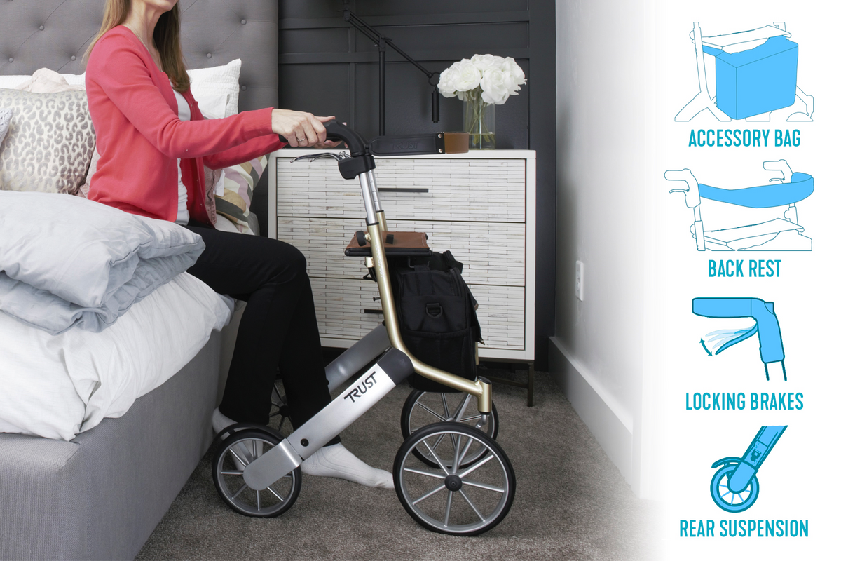 Rollator with large wheels used as a seat beside a bed, with feature callouts for accessory bag, back rest, locking brakes