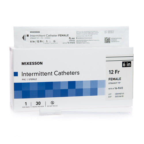 McKesson Intermittent Catheters box with individual sterile packet, female straight tip, PVC, 12 Fr 6 inch, 30 packs per box