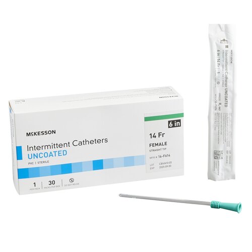 Intermittent catheter box labeled McKesson Uncoated PVC, 14 Fr female straight tip, shown with individual sterile packaging