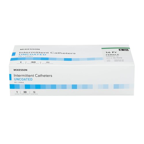 Intermittent catheter box labeled uncoated, sterile, female, 14 Fr, 6 inch, count of 30, white with blue accents