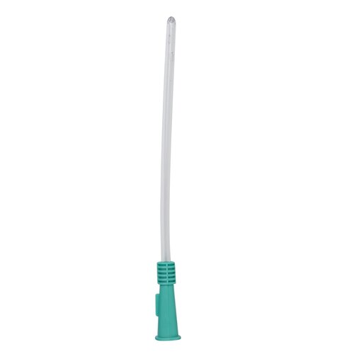 Straight tip uncoated PVC urethral catheter with teal funnel-end connector on white background