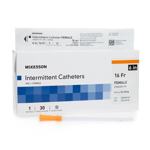 McKesson intermittent catheter box, female straight tip, 6 inch 16 Fr, PVC sterile, shown with single catheter in front of