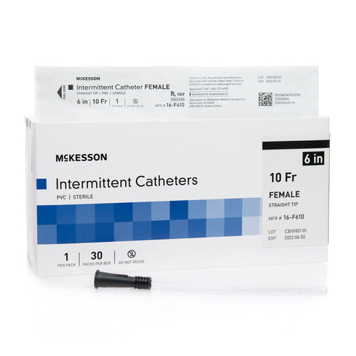 McKesson Intermittent Catheters box, female straight tip, PVC sterile, 6 inch 10 Fr, with individual catheter packet