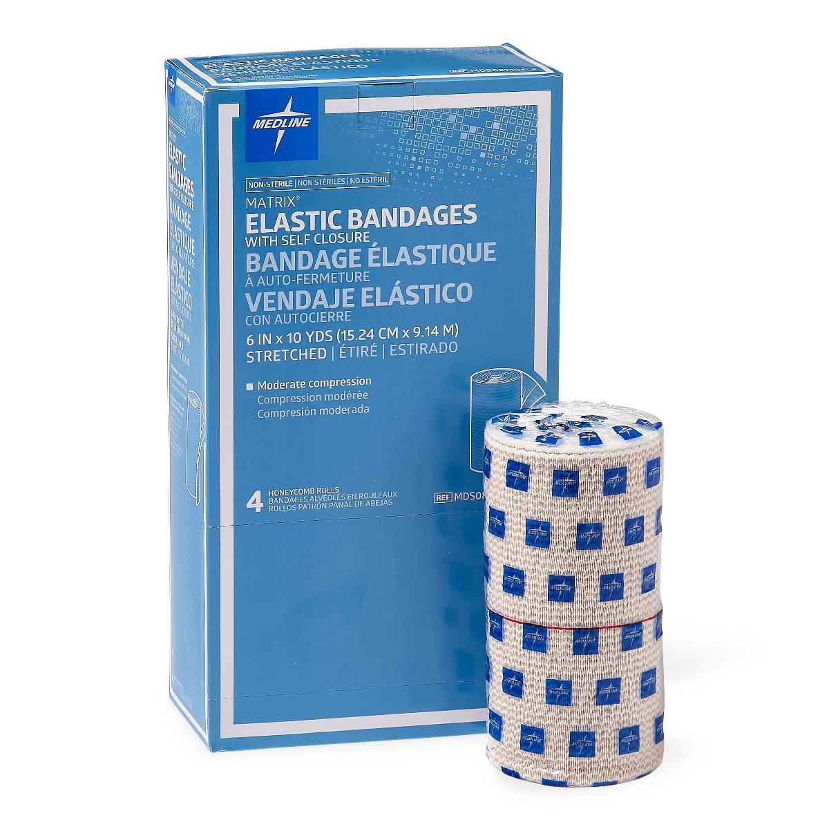 Elastic bandage rolls with blue checkered pattern beside blue product box, 4-pack with self-closure, 6in x 10yd