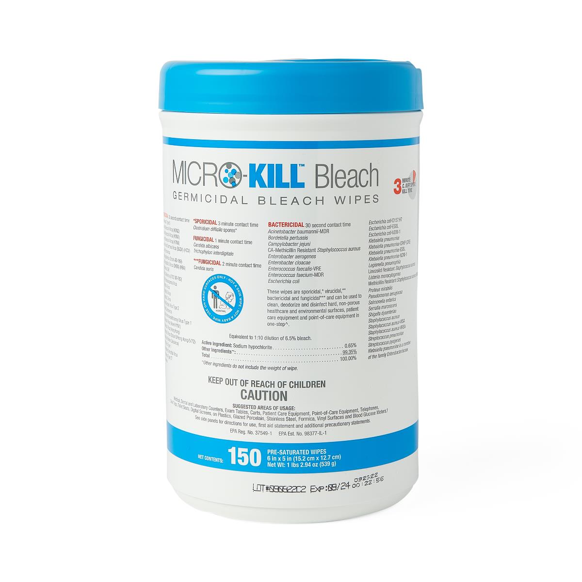 Micro-Kill Bleach germicidal bleach wipes canister with blue lid, containing 150 pre-saturated wipes, on white background