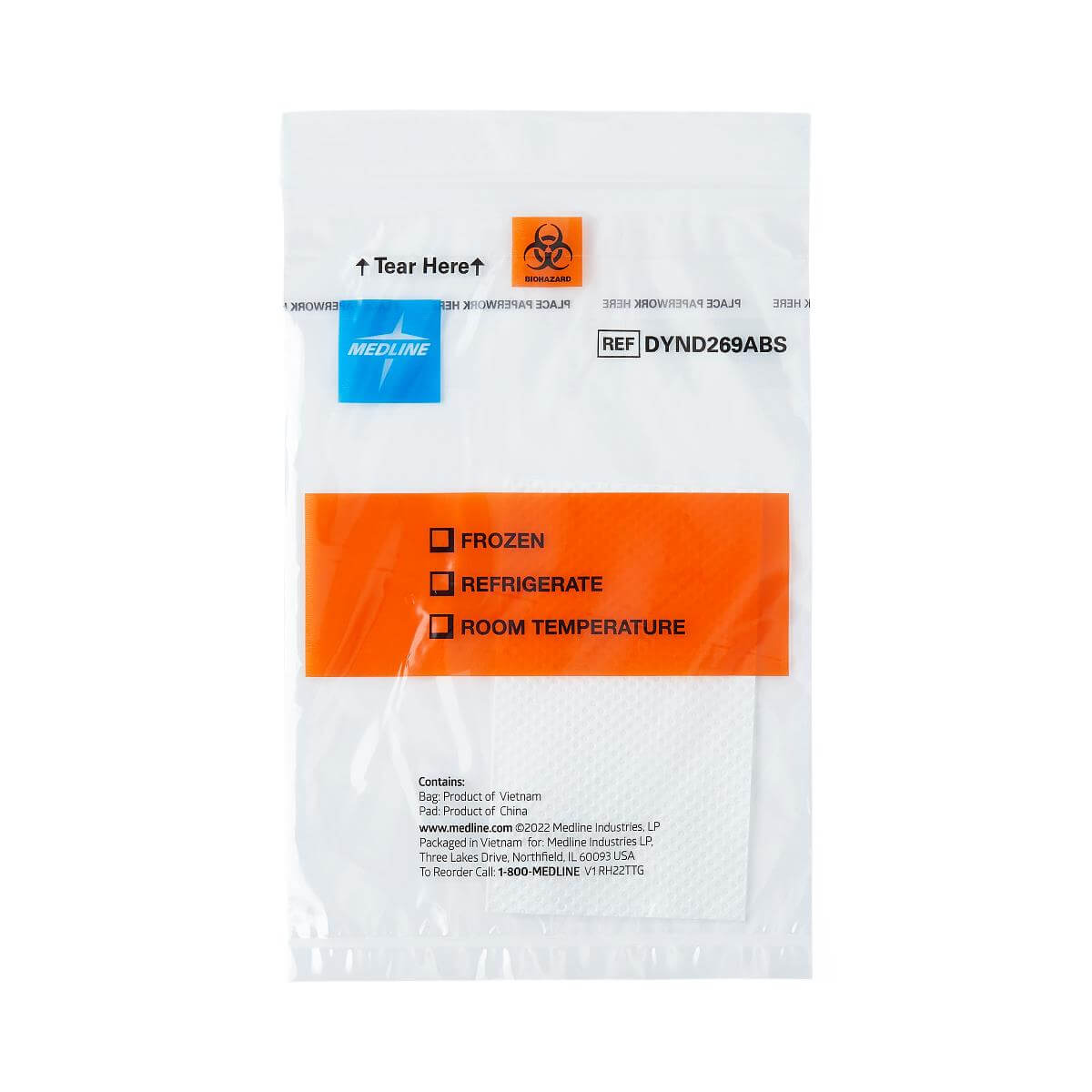 Zip lock specimen bag with biohazard symbol, orange temperature storage label, and absorbent pad inside clear plastic pouch