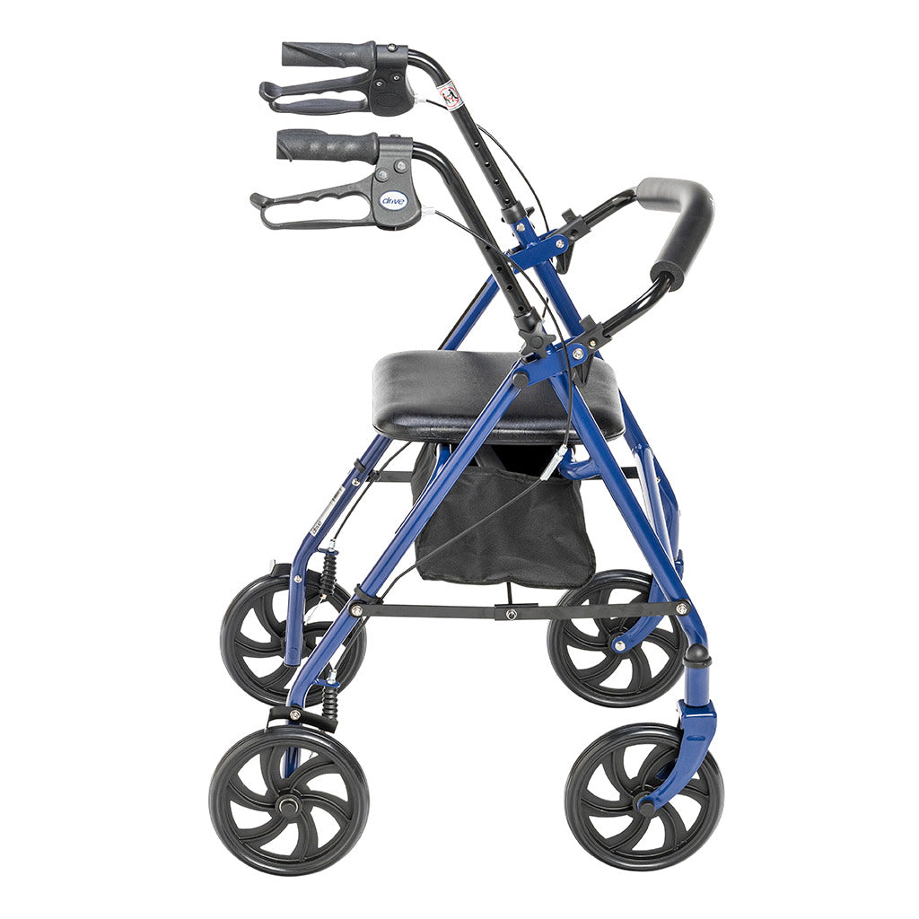 Four-wheel rollator in blue with loop hand brakes, padded seat, underseat bag, and large black spoke wheels, side view