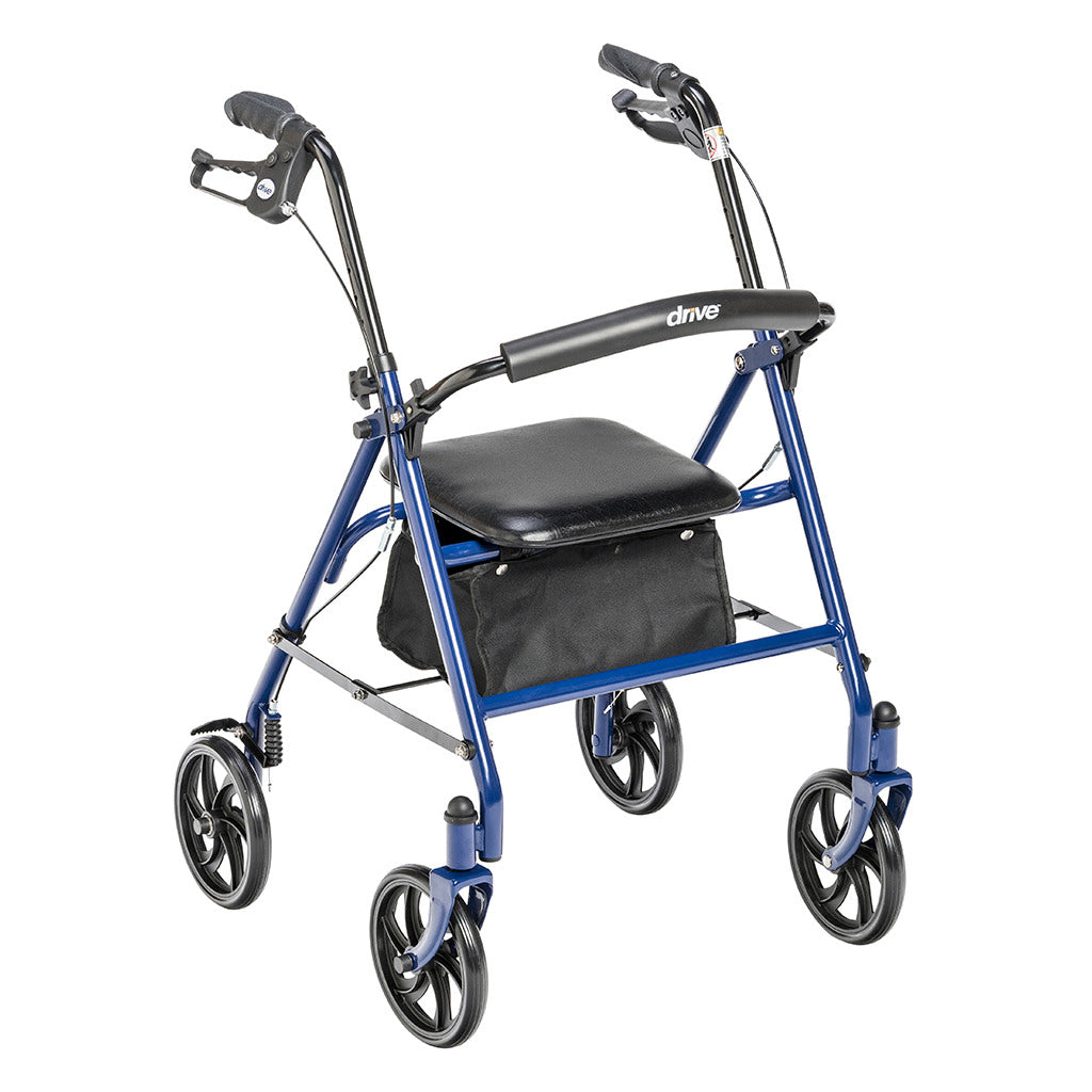 Four-wheel rollator with blue frame, black padded seat, loop hand brakes, padded backrest, under-seat bag, and large black